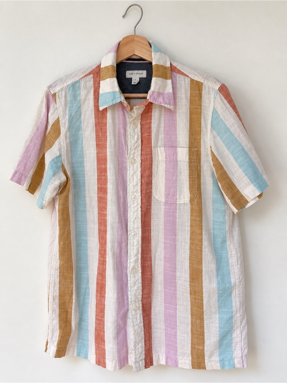 Sun + Stone Pastel Striped Short Sleeve Button-Up Shirt – Small
